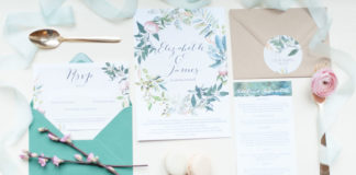 Spring themed floral wreath wedding stationery by Hip Hip Hooray